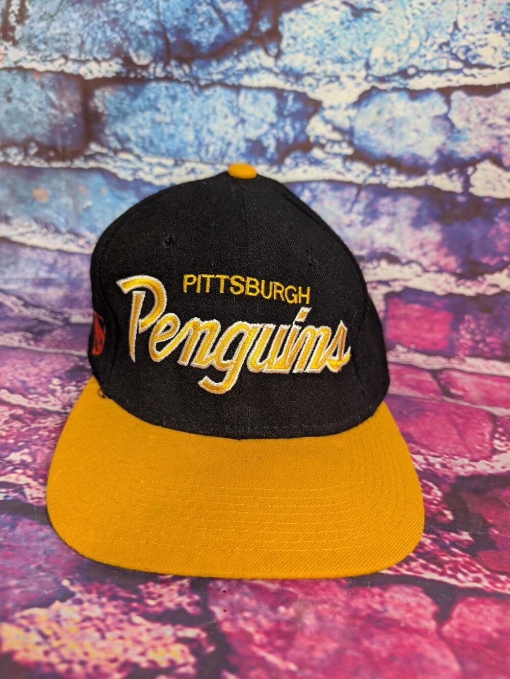 Vtg Pittsburgh Penguins Hat Black Sports Specialties 100% Wool Fitted 7 1/4